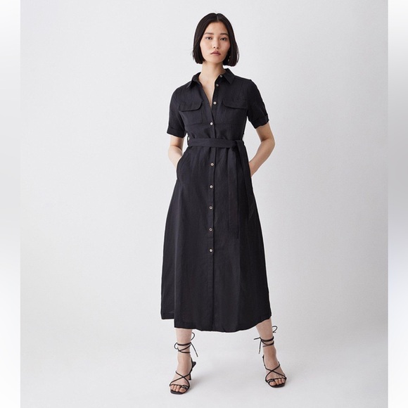 NWT Karen Millen Linen Viscose Woven Midi Shirt Dress 10 Black